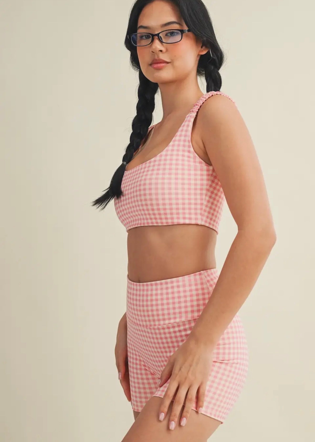Pink Gingham Ruched Bra Top