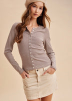 Striped Rib Knit ButtonTop | Mocha