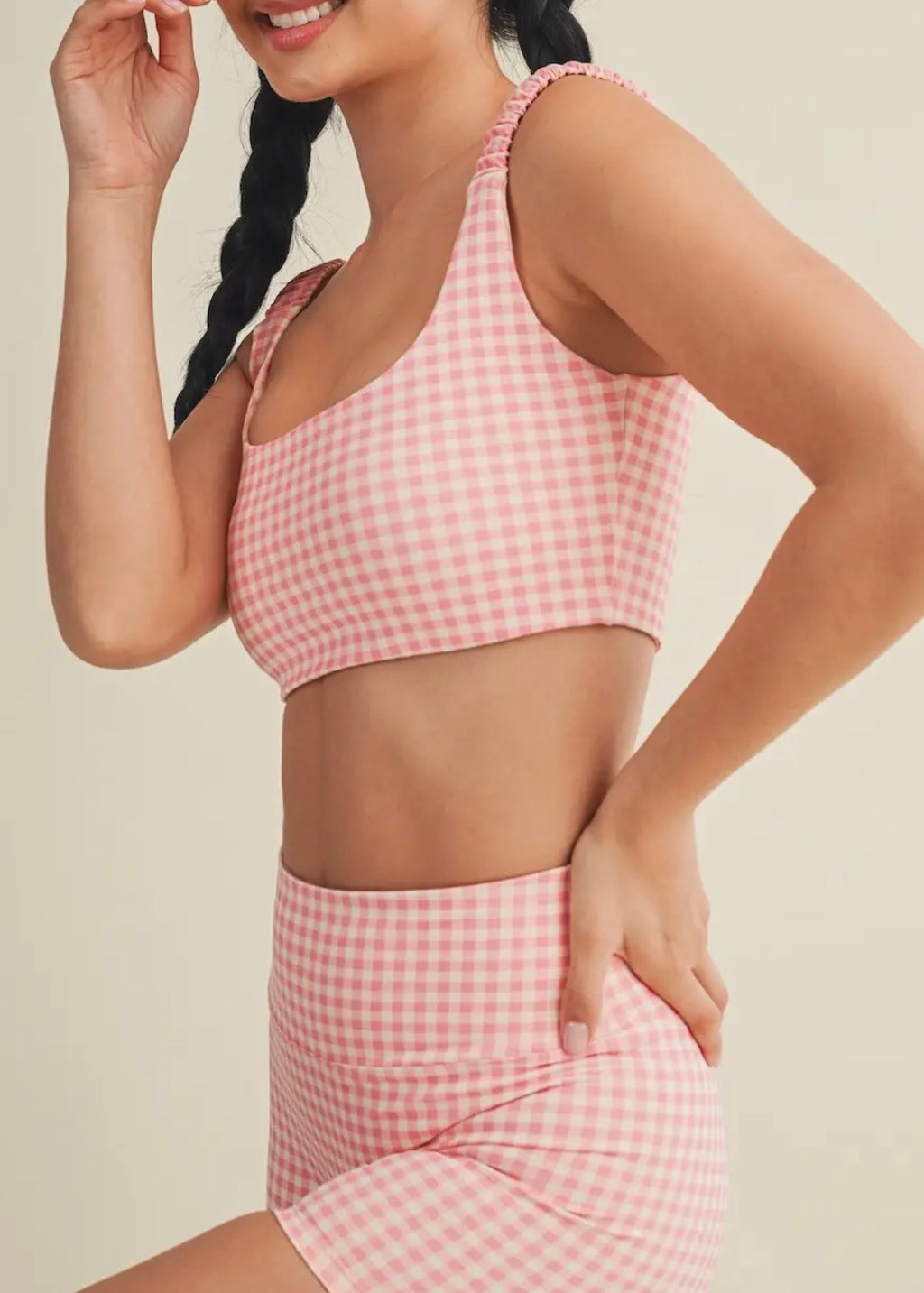 Pink Gingham Ruched Bra Top