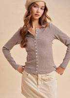 Striped Rib Knit ButtonTop | Mocha