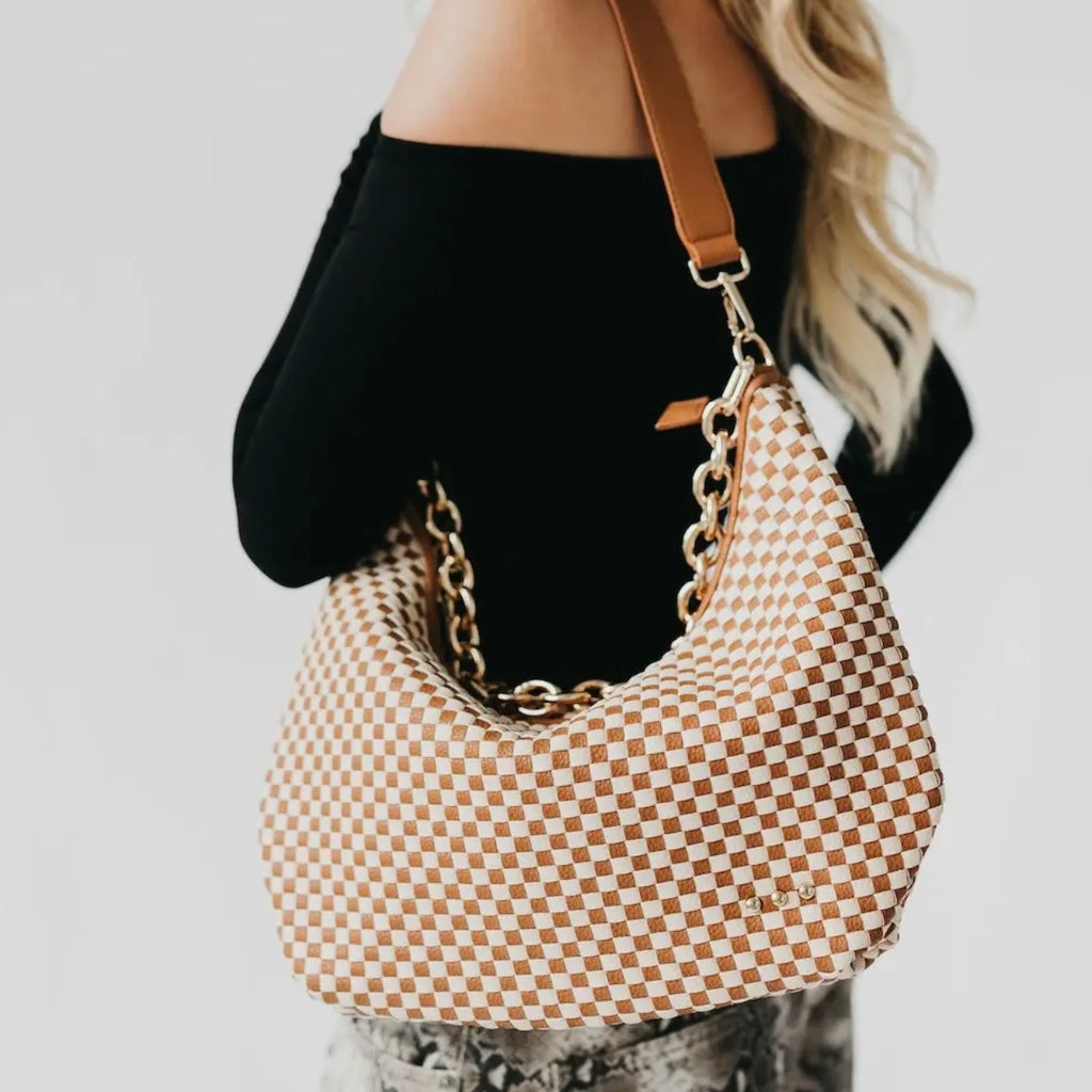 Iris Slouchy Woven Shoulder Bag - Brown Checkered